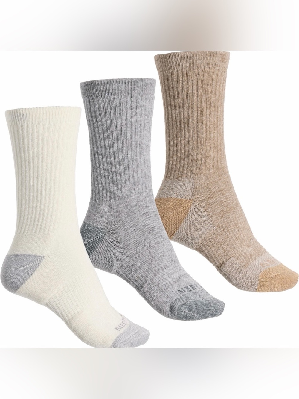 Merrell Everyday 3 pack Ivory Gray Tan Wool Blend Crew Socks